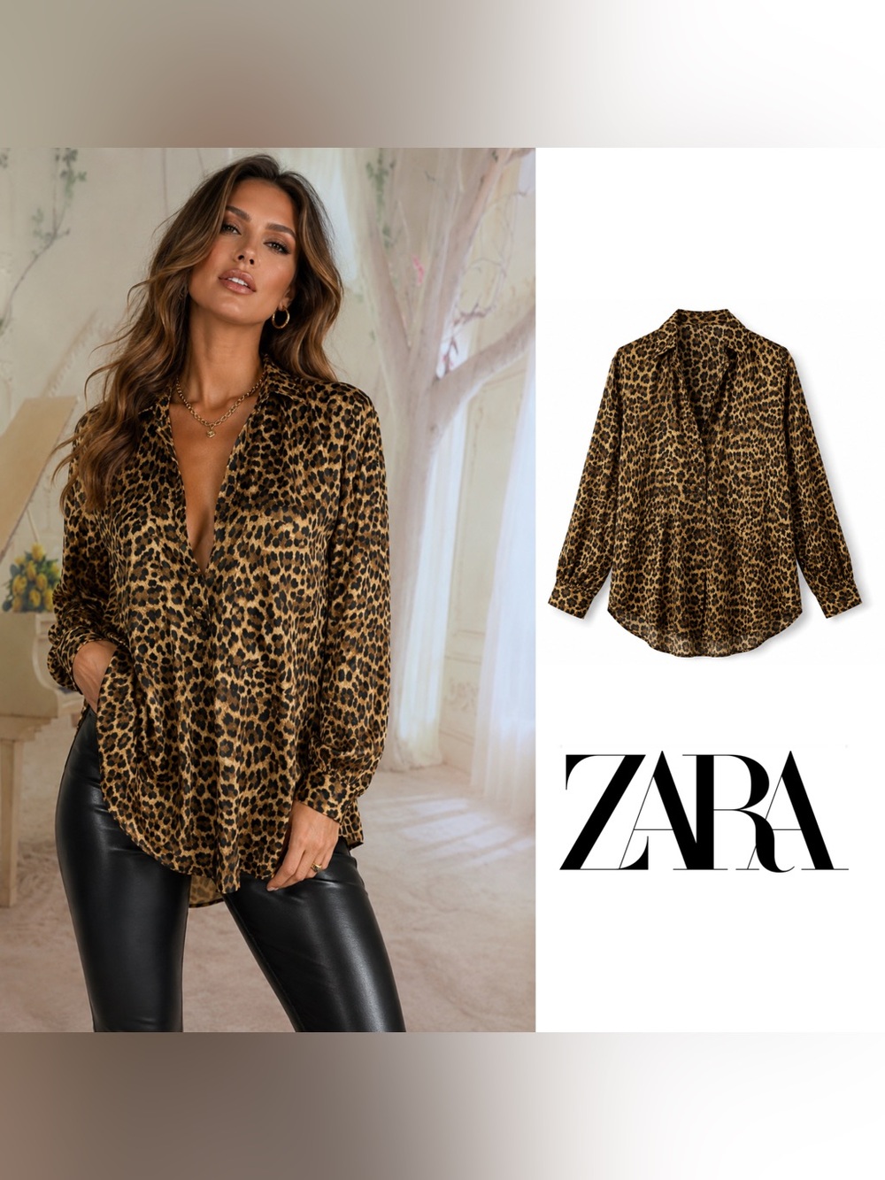 NEW Zara Leopard Print V Black Neck Button Down Shirt